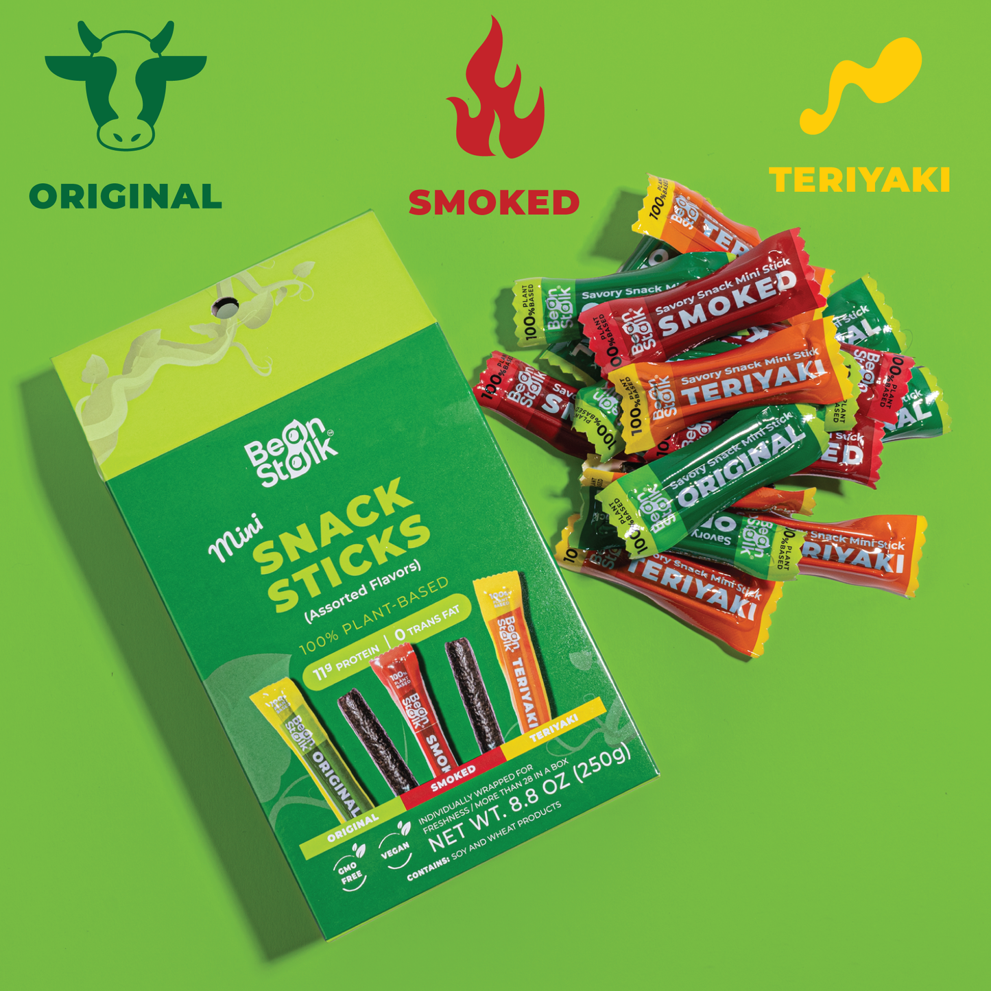 Bean Stalk Savory Vegan mini Snack Sticks - Assorted Flavors - Teriyaki | Smoked | Original