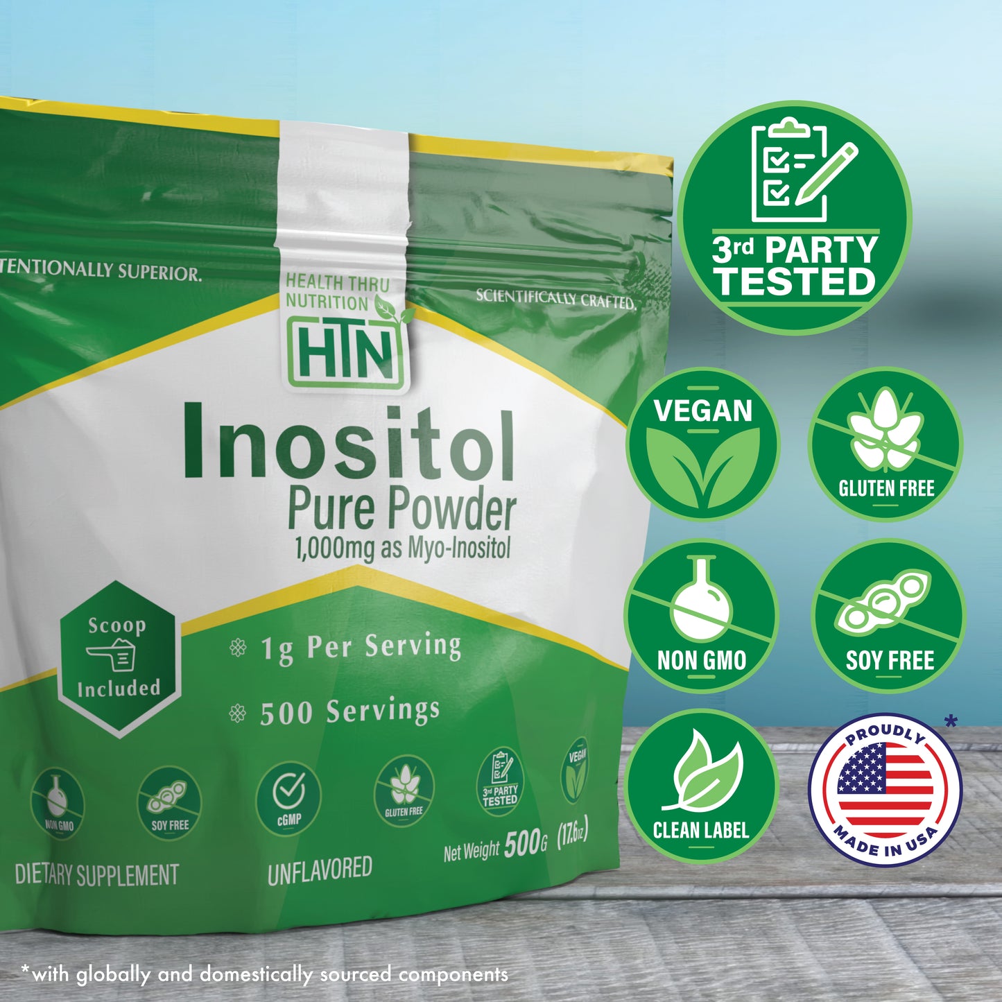 Inositol Powder – 500g Pure Powder as Myo-Inositol –1,000mg (1g) Per Scoop Unflavored, Vegan, Non-GMO
