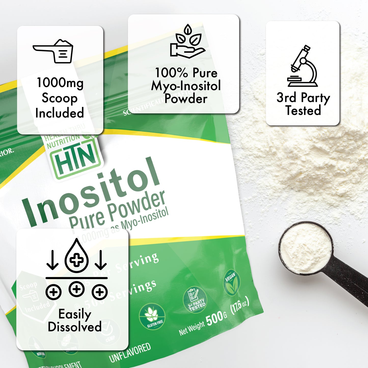 Inositol Powder – 500g Pure Powder as Myo-Inositol –1,000mg (1g) Per Scoop Unflavored, Vegan, Non-GMO