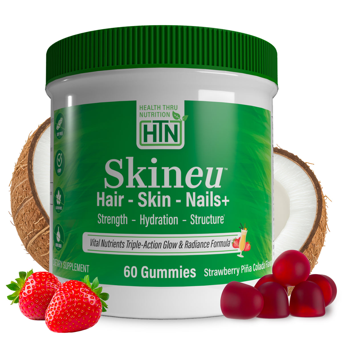 Health Thru Nutrition Skineu Hair, Skin & Nails+ 60 Strawberry Pina Colada Flavor Gummies