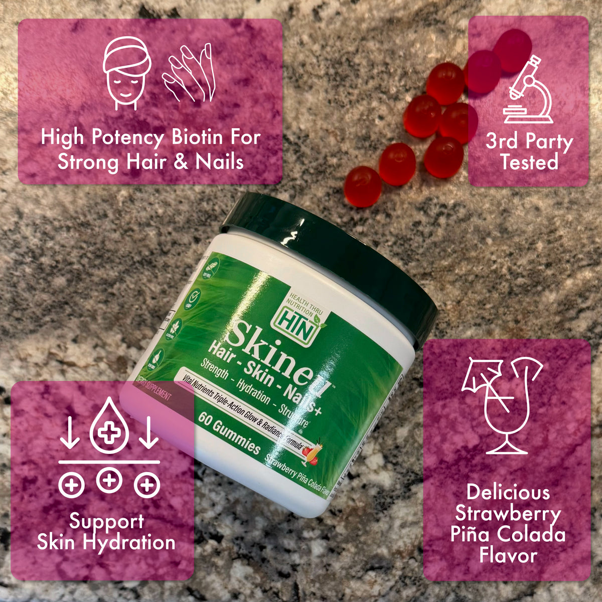 Health Thru Nutrition Skineu Hair, Skin & Nails+ 60 Strawberry Pina Colada Flavor Gummies