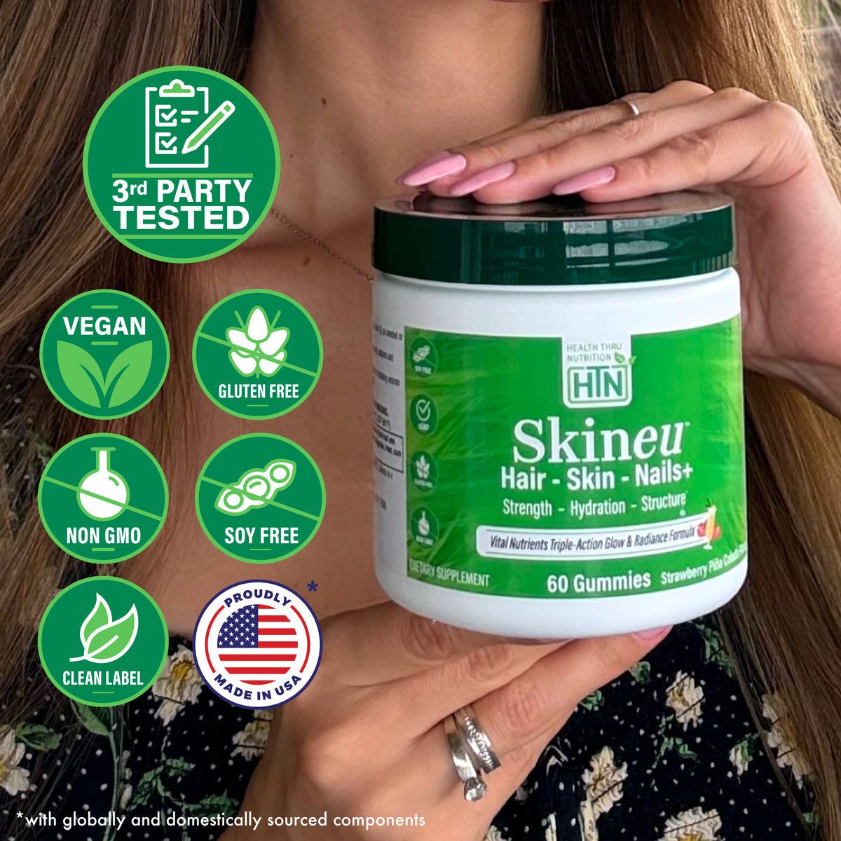 Health Thru Nutrition Skineu Hair, Skin & Nails+ 60 Strawberry Pina Colada Flavor Gummies