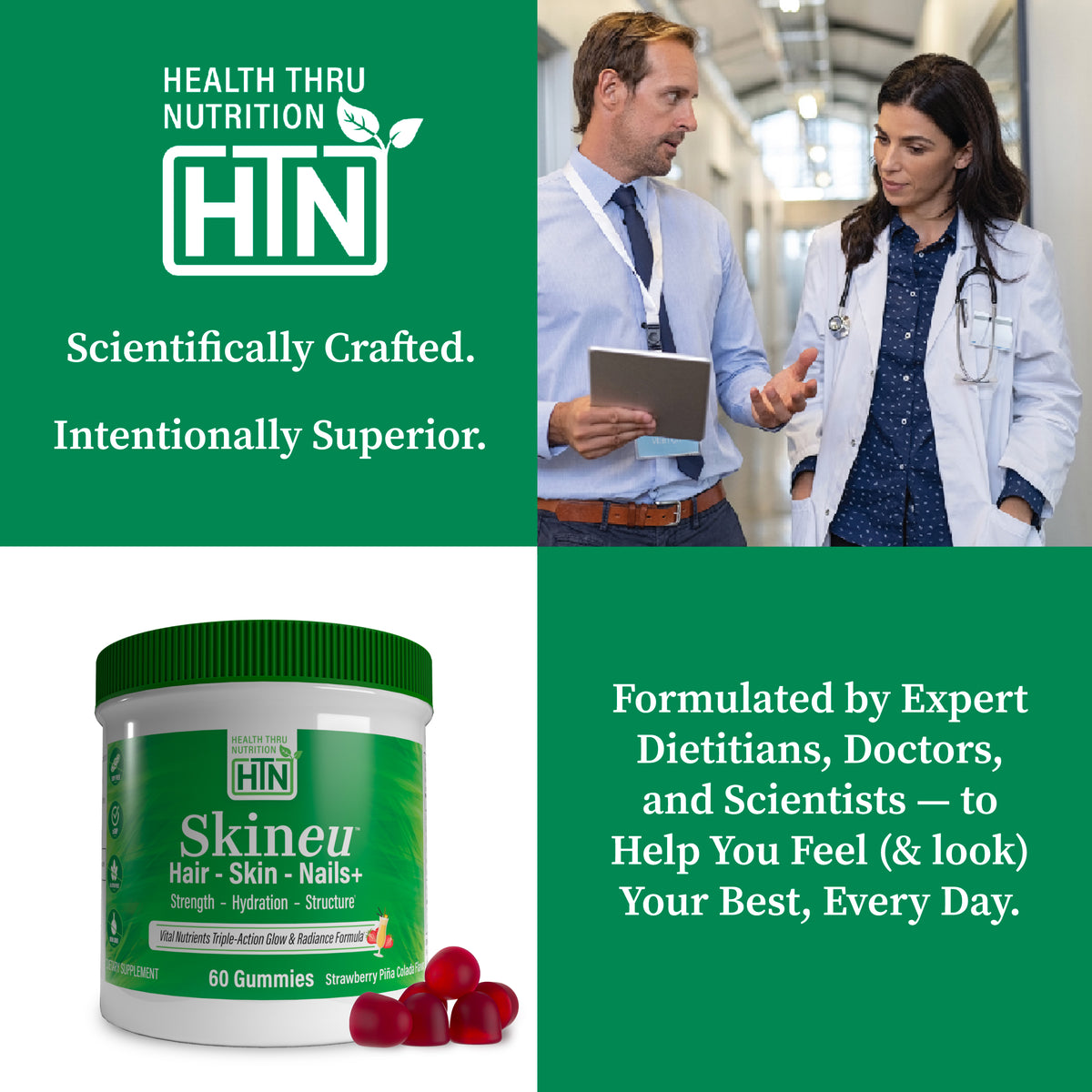 Health Thru Nutrition Skineu Hair, Skin & Nails+ 60 Strawberry Pina Colada Flavor Gummies